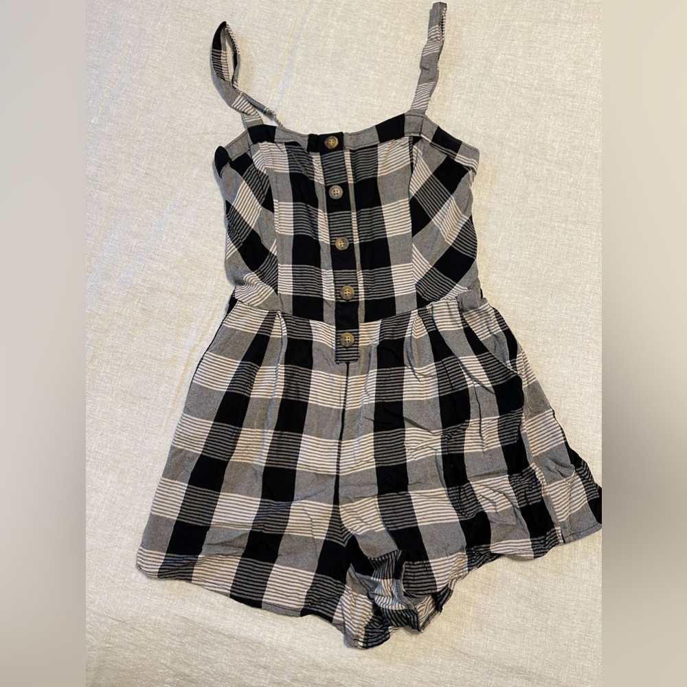 Hollister Plaid Romper Dress with Adjustable Straps and Pockets